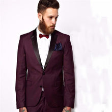 Load image into Gallery viewer, Groomsmen Peaked Black Lapel Groom Tuxedos Burgundy Mens Suit Wedding Best Man (Jacket+Pants+Tie) high quality Suits