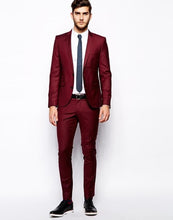 Load image into Gallery viewer, Groomsmen Peaked Black Lapel Groom Tuxedos Burgundy Mens Suit Wedding Best Man (Jacket+Pants+Tie) high quality Suits